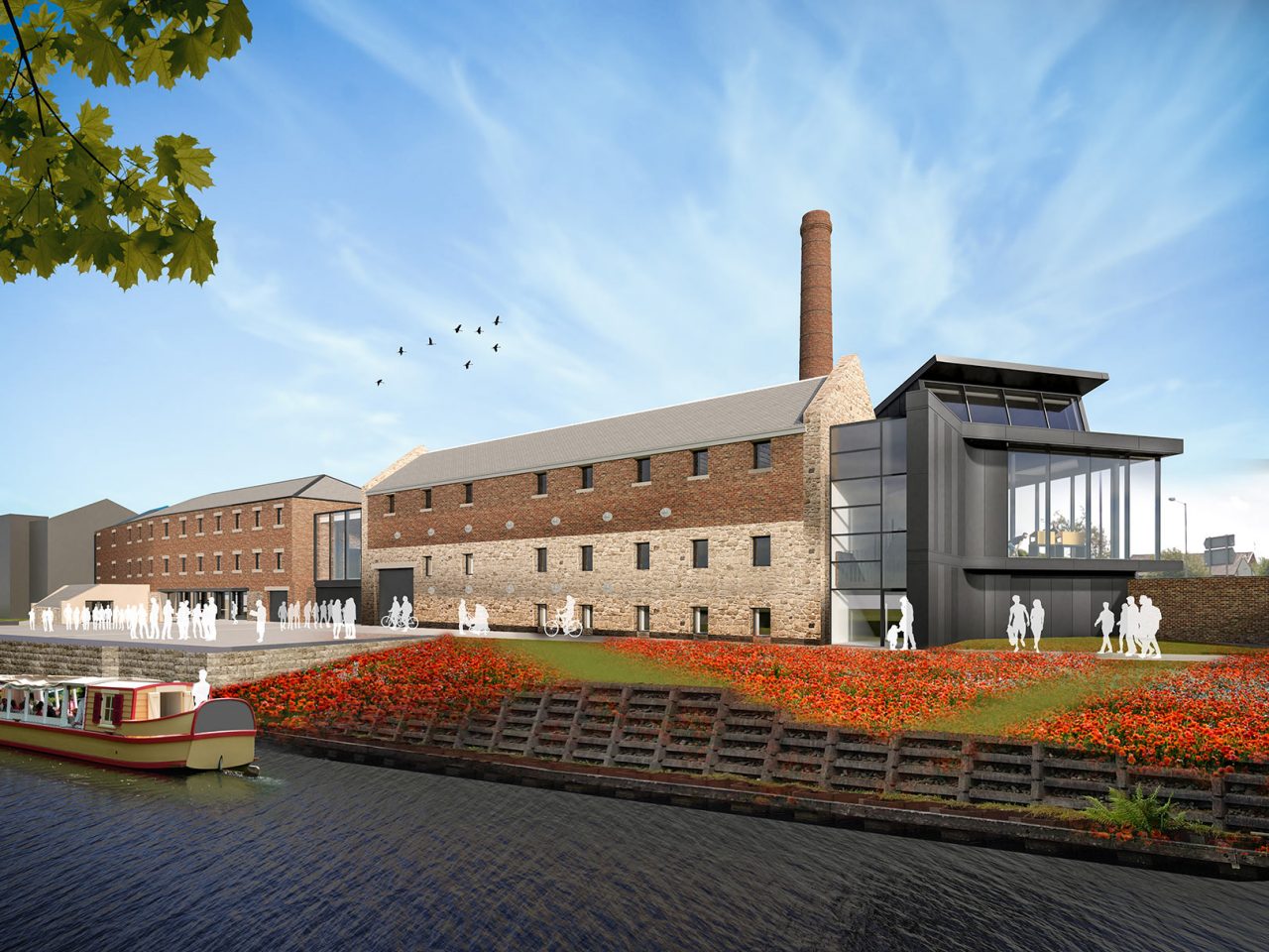 Render showing Victorian brick buildings of distillery with glass windows to the side and chimney behind