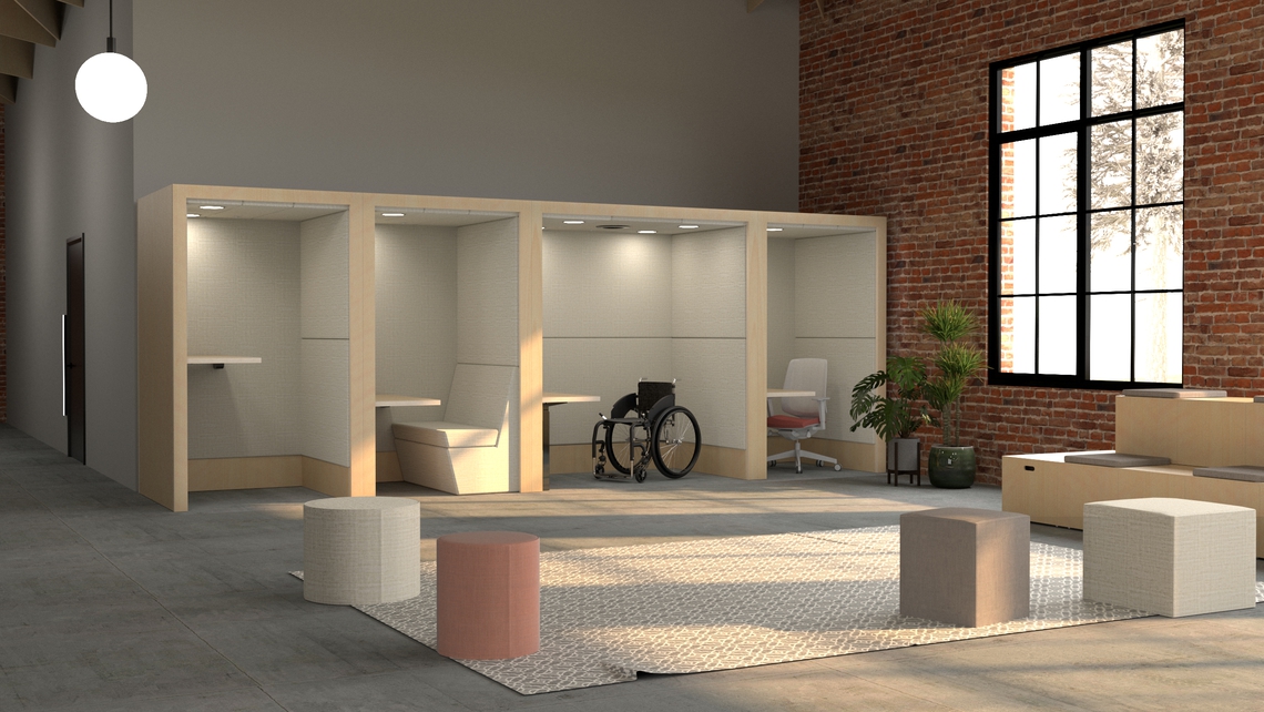 Workplace semi private booths with different types of seating including a wheelchair in one